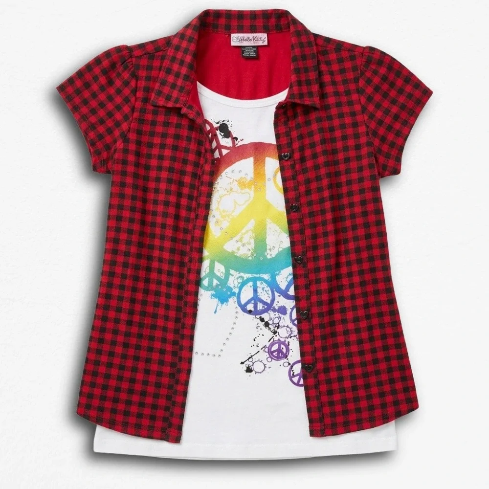 LA Kitty Girls XL Red Plaid Peace Sign Graphic Layered Top Y2K 100% Cotton